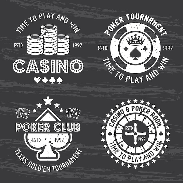 Kasyno I Poker Room Zestaw Wektorów Hazardowych Emblematów, Etykiet Odznak Lub Logo Na Białym Tle Na Ciemnym Tle