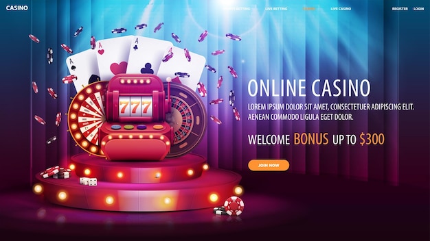 Plik wektorowy kasyno online powitalny bonusowy baner internetowy z ofertą i czerwonym podium z kreskówek z elementami kasyna i żarówkami