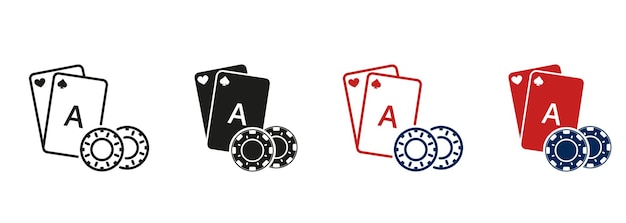 Plik wektorowy kasyno ruletka w vegas graj kartę z poker chip line i silhouette icon set gambling sign