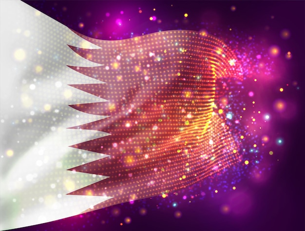 Katar, wektor flaga 3d na różowym fioletowym tle z oświetleniem i flarami