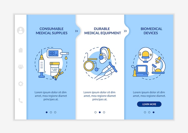 Kategorie Darowizn Produktów Medycznych Onboarding Wektor Szablon. Responsywna Strona Mobilna Z Ikonami. Przewodnik Po Stronie Internetowej 3 Ekrany Kroków. Pomoc Dostarcza Koncepcję Kolorów Z Liniowymi Ilustracjami
