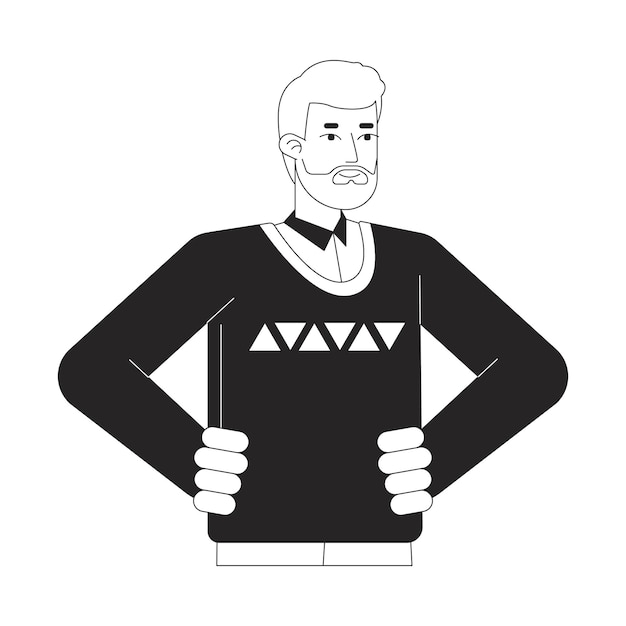 Plik wektorowy kaukaski mężczyzna trzyma ręce na talii płaską linię czarno-biały znak wektorowy edytowalny zarys całego ciała osoby z blond brodą prosta kreskówka na białym tle ilustracja do projektowania graficznego sieci web