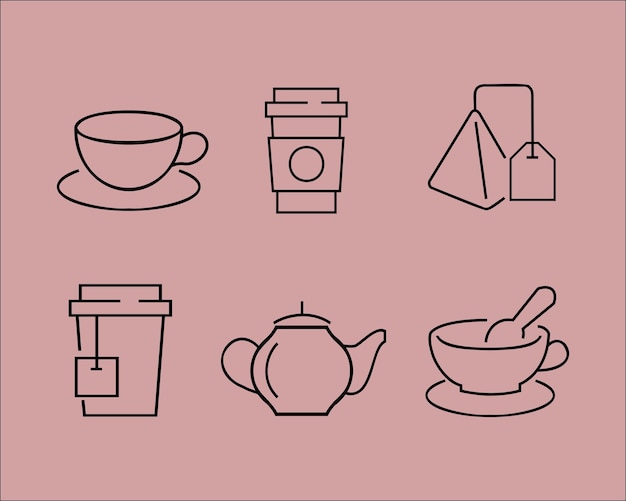Kawa i herbata zestaw ikon cienka linia na białym na czarnym tle. Modne ikony na stronie internetowej, aplikacji