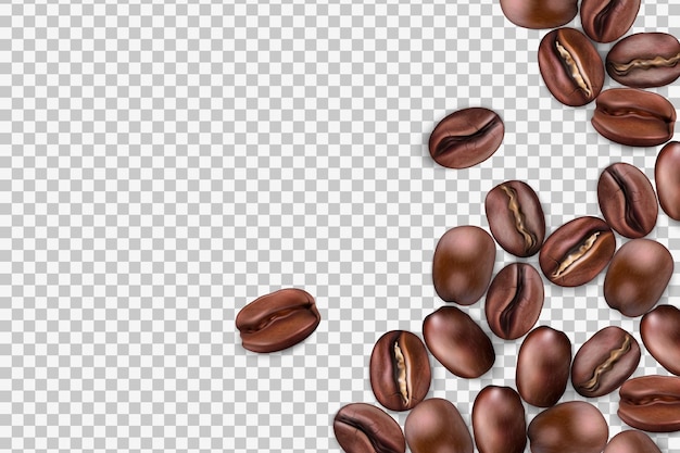 Kawa ziarna realistyczne 3d nasiona świeże pieczone izolowane arabica lub robusta na przezroczystym tle Espresso lub americano składnik okładka menu napoje kofeinowe tło szablon baner wektorowy