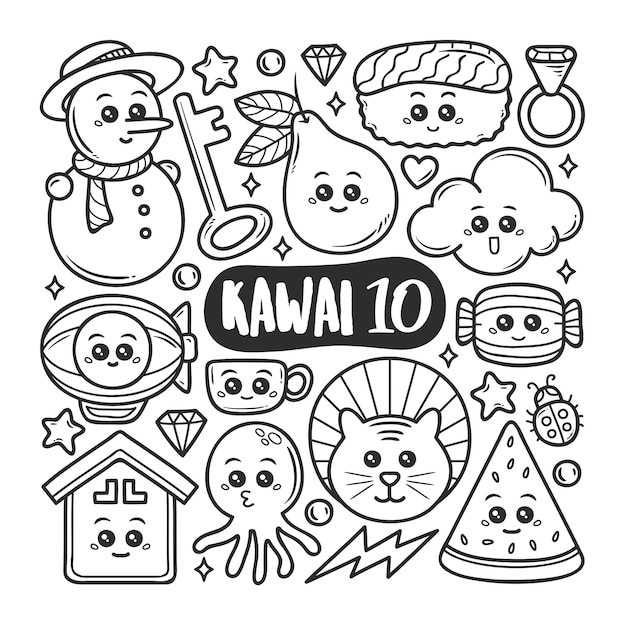 Kawaii Ikony Ręcznie Rysowane Doodle Kolorowanki