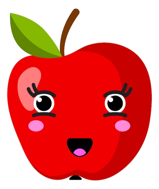 Kawaii Jabłko. ładny Postać Z Kreskówki. Słodkie Owoce Na Białym Tle