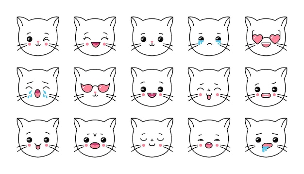 Plik wektorowy kawaii kot emoji słodki wyraz kociaka głowa emotikon komiks wspaniałe japońskie postacie anime płacz lub wesoły emoji avatar lub profil wektorowy zarys twarzy kotka maskotka zestaw