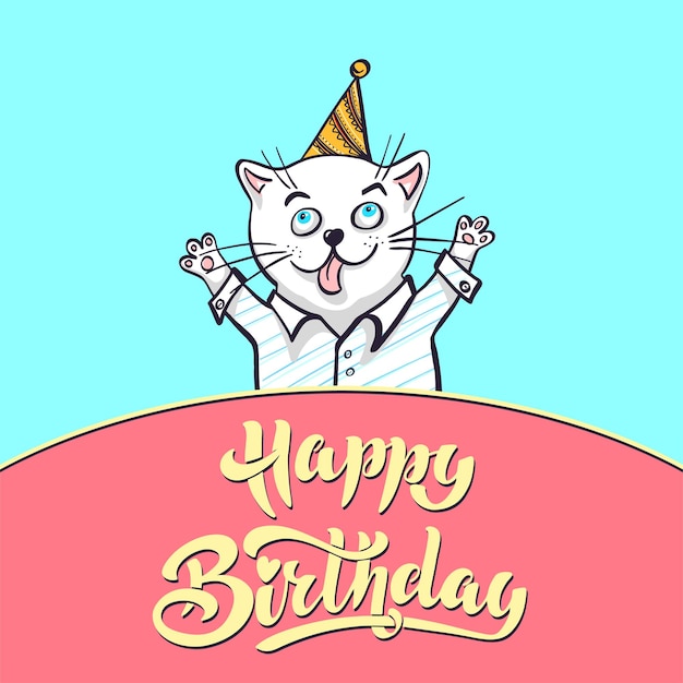 Kawaii kot w koszuli i czapce z napisem wszystkiego najlepszego z okazji urodzin ilustracji wektorowych Kartkę z życzeniami rysunek do projektowania Ręcznie rysowane ilustracji wektorowych