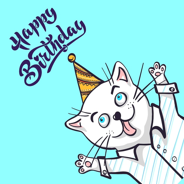 Kawaii kot w koszuli i czapce z napisem wszystkiego najlepszego z okazji urodzin ilustracji wektorowych Kartkę z życzeniami rysunek do projektowania Ręcznie rysowane ilustracji wektorowych