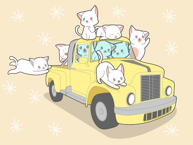 Kawaii Koty Z Samochodem W Wakacje.