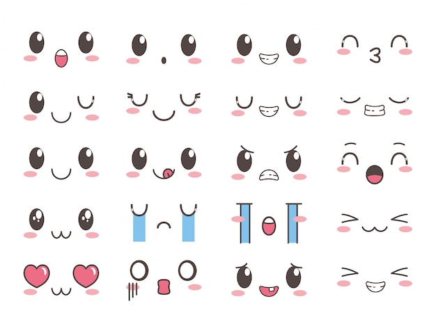 Kawaii ładny śliczny emotikon twarze zestaw kreskówka