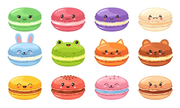 Kawaii macaron Słodkie zwierzęce macarony francuski słodki deser dla dzieci menu lub piekarnia projektowanie marketingowe zestaw ilustracji wektorowych