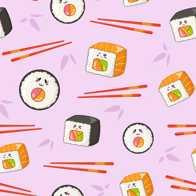 Kawaii sushi, bułki, pałeczki i liście bambusa