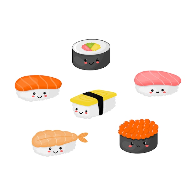 Kawaii Sushi I Sashimi Japońskie Jedzenie Na Białym Tle