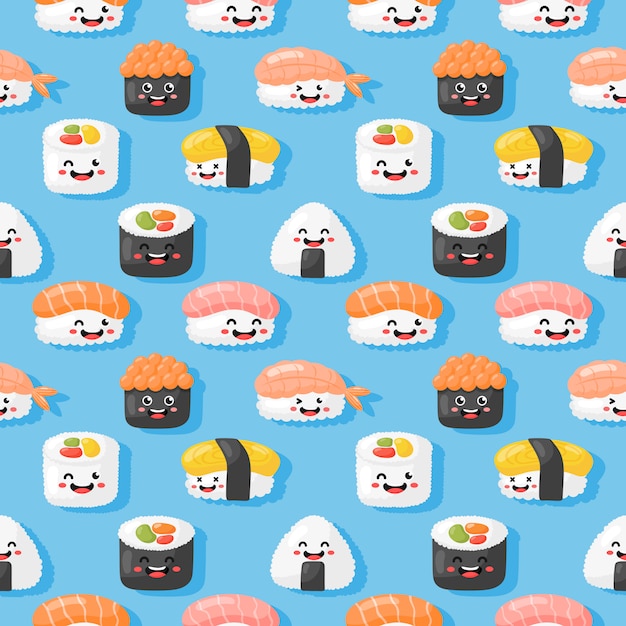 Kawaii Szwu Wzór ładny Zabawny Sushi I Sashimi Stylu Kreskówka Na Białym Tle. Wektor.