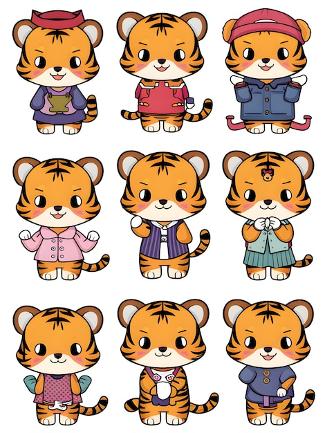 Plik wektorowy kawaii tiger cub clipart collection 9 uroczych naklejek do projektowania dekoracji