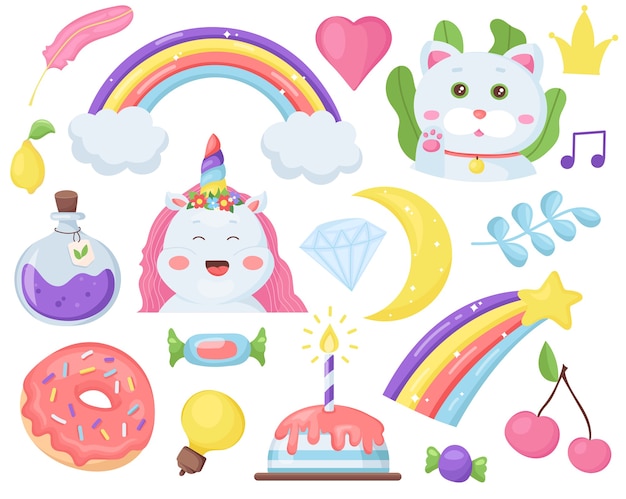kawaii zestaw ze słodkim jednorożcem, kotem, tęczami, elementami dla dzieci. urocze postacie.