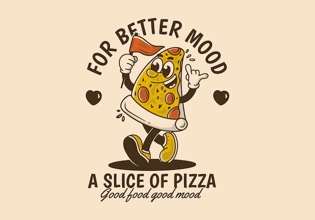 Kawałek pizzy na lepszy nastrój Vintage maskotka Ilustracja przedstawiająca chodzącą pizzę trzymającą flagę