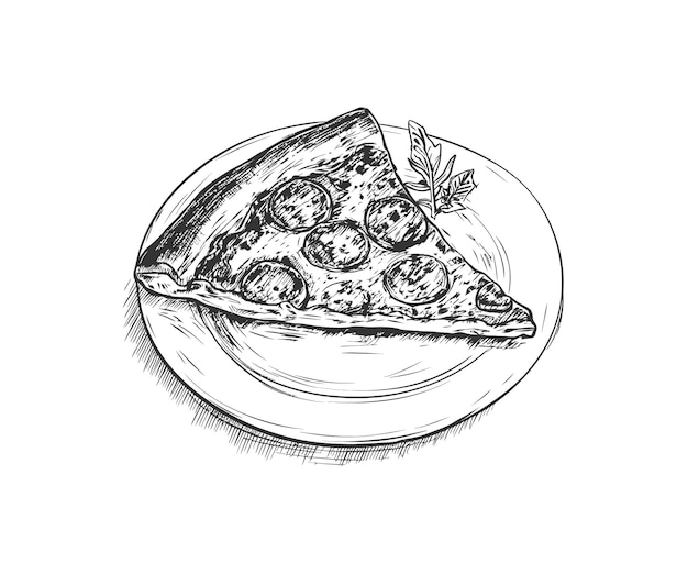 Kawałek Pizzy Pepperoni Na Talerzu Szkic Rysunek Ręczny Projekt Ilustracji Wektorowej