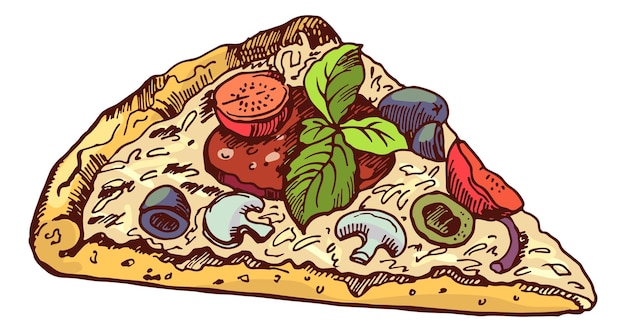 Kawałek Pizzy Smaczny Włoski Fastfood W Ręcznie Rysowane Stylu Na Białym Tle