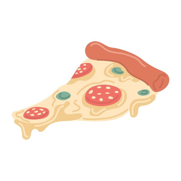 Kawałek trójkąta świeżej smacznej pizzy z topienia sera i kiełbasy wektor zbiory ilustracji. Apetyczna tradycyjna włoska przekąska z ciastem, mięsem i warzywami do przepisu na menu restauracji kawiarni