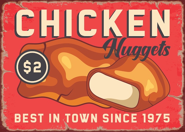 Kawałki kurczaka smażone jedzenie menu reklama retro plakat wektor szablon