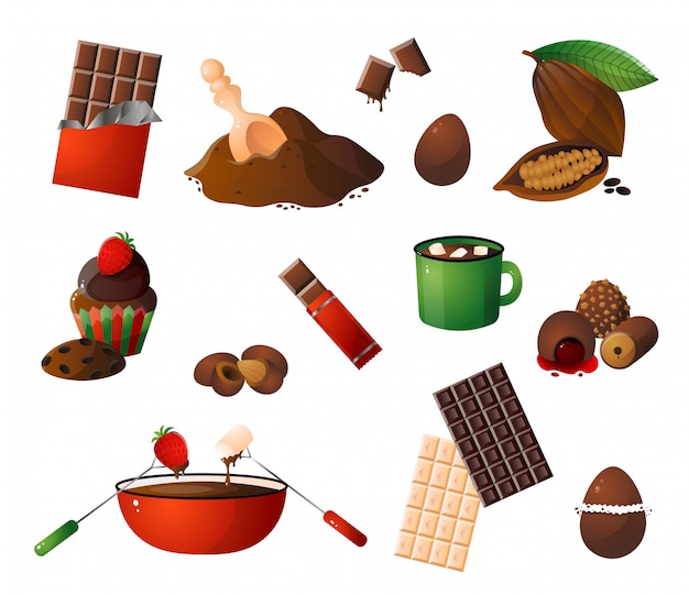 Plik wektorowy kawałki, wióry czekolady, różne słodycze choco i zestaw owoców kakaowych