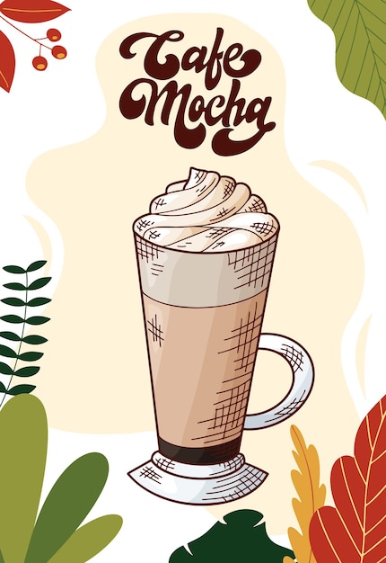 Kawiarnia mokka. Kubek gorącego napoju do menu świąteczne. Kolorowa kolekcja. Ręcznie rysowane ilustracji wektorowych.