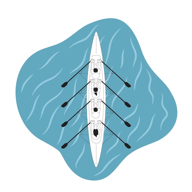 Kayaking team sport monochrome concept vector spot illustration Top view of four oarsmen on sea Championship 2D flat bw cartoon characters for web UI design Isolated editable hand drawn hero image