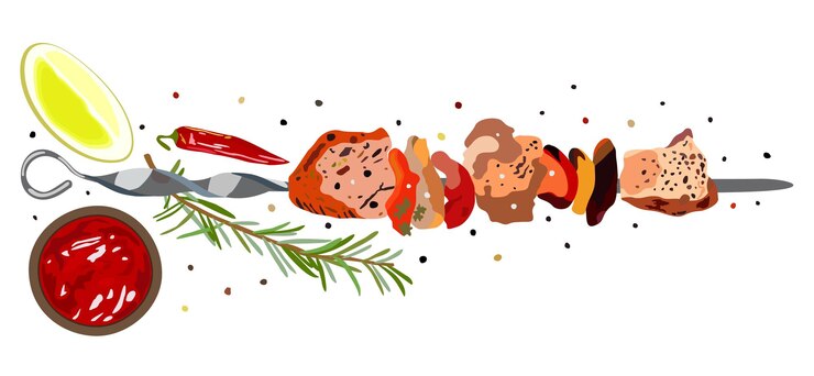 Wektor kebab mięsny na szaszłyku z warzywami, cytryną, rozmarynem, pieprzem i ketchupem