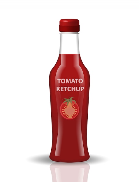 Keczup Pomidorowy W Szklanej Butelce, Realistyczny Styl. Sos Czerwony Papkrika, Chili. Dla Twojego Produktu. Na Białym Tle. Ilustracja.