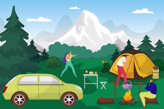 Plik wektorowy kemping leśny na turystyce wakacyjnej w lecie wędrówki z namiotem w górach płaskich ilustracji wektorowych