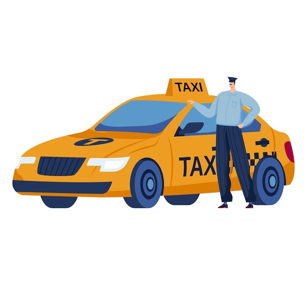 Plik wektorowy kierowca taksówki opierający się o żółtą taksówkę mężczyzna kierowca stojący obok swojego pojazdu w mundurze miejskim