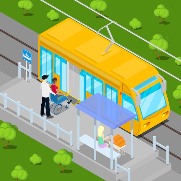 Kierowca Tramwaju Pomaga Niepełnosprawnemu Wózkowi Inwalidzkiemu Wejść Do Wagonu. Izometryczni Ludzie Niepełnosprawni. Ilustracji Wektorowych