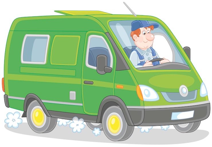 Wektor kierowca w jego szybka dostawa van wektor ilustracja kreskówka na białym tle na białym tle