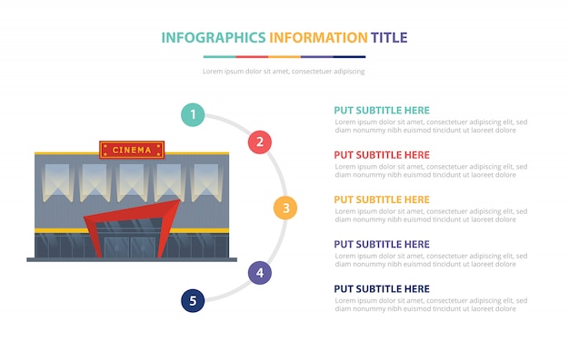 Kino Budynek Infographic Szablon Koncepcja Z Pięciu Punktów Listy I Różnych Kolorów