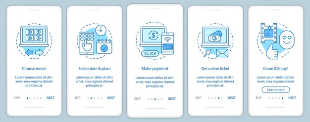 Kino onboarding szablon wektor ekranu strony aplikacji mobilnej. Rezerwacja biletów do kina. Premiera filmu. Instruktażowe kroki strony internetowej, ilustracje liniowe. Koncepcja interfejsu smartfona UX, UI, GUI
