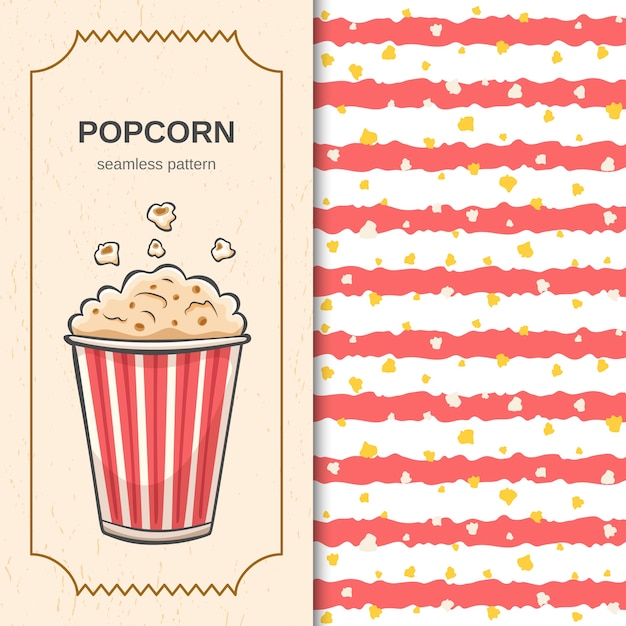 Kino wzór z czerwonymi paskami handdrawn pędzla i latający popcorn