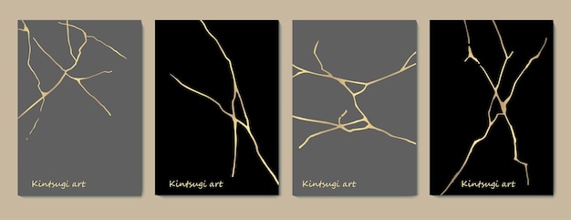 Kintsugi Sztuka Styl Szablon A4 Plakat Projekt Streszczenie Złoty Wzór Tekstury Pęknięcia Na Szarym Tle Japoński Vintage Tradycyjne Rzemiosło Złoto Spękania Koło Tło Wektor Ilustracja