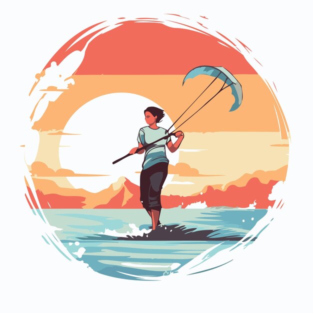 Plik wektorowy kite surfer przy zachodzie słońca ilustracja wektorowa w stylu płaskim