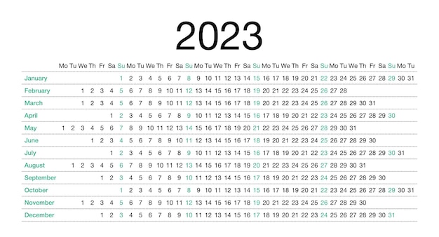 Plik wektorowy kkalendarz na rok 2023 w języku angielskim tydzień zaczyna się w poniedziałek
