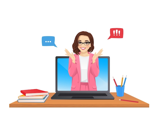 Klasa online z piękną nauczycielką na ekranie laptopa izolowana ilustracja wektorowa