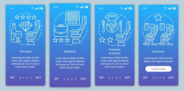 Klasa Podróży Samolotem Z Niebieskim Wejściem Na Pokład Aplikacji Mobilnej Szablon Wektora Ekranu Strony