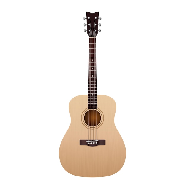Klasyczna gitara akustyczna na białym tle. Szablon projektu ikony instrumentu muzycznego. Koncepcja muzyki i hobby. ilustracja wektorowa 3d