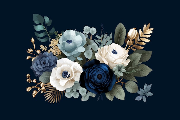 Klasyczna niebieska i biała róża biała hortensja ranunculus kompozycja bukiet Wektor ilustracja desing