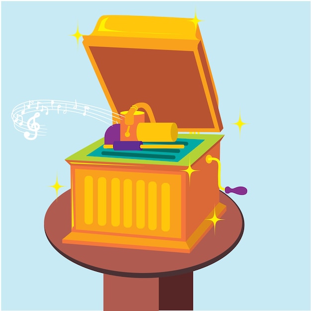 Plik wektorowy klasyczna skrzynka muzyczna śpiewająca muzykę na drewnianym stole ilustracja wektorowa