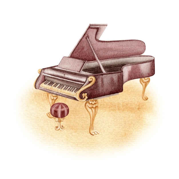 Klasyczny instrument muzyczny Grand Piano Antyczna klawiatura vintage ręcznie narysowany element do podręczników książek plakatów koncertowych nut lub ulotek Ilustracja akwarelowa izolowana na białym tle
