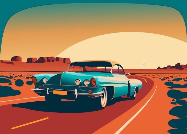 Klasyczny samochód na autostradzie na pustyni Ilustracja wektorowa
