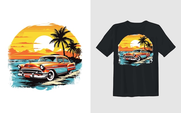 Klasyczny Samochód Na Letniej Plaży Kreskówka Wektor Ilustracja Samochód T Shirt Design