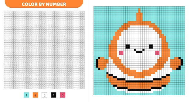 Klaun ryba squishmallow Kolorowanie według numeru Pixel kolorowanka Numerowane kwadraty Gra dla dzieci Pixel art Odizolowany wektor ilustracja eps 10